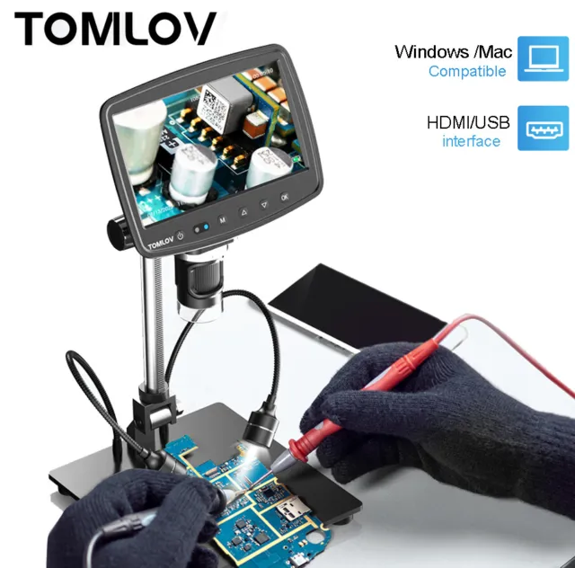 TOMLOV 7" HDMI Digital Microscope 1200X 1080P LCD Screen Coin Microscope PC View