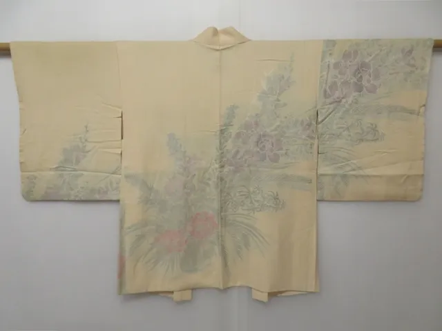 1502T03z510 Vintage Japanese Kimono Silk HAORI Light Cream Flowers