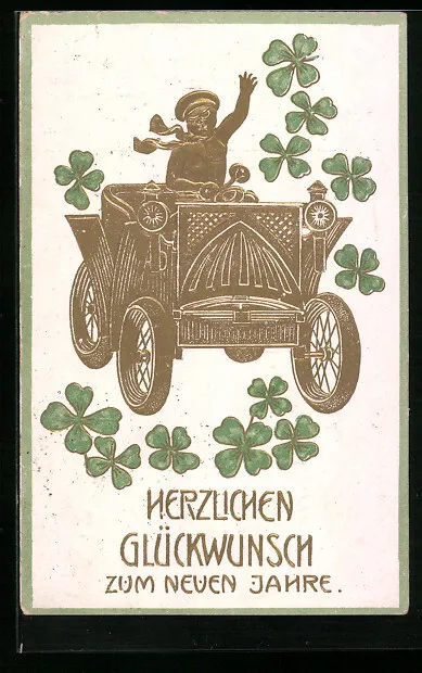 Präge-AK Neujahrsgruß mit güldenen Auto und Klee 1908
