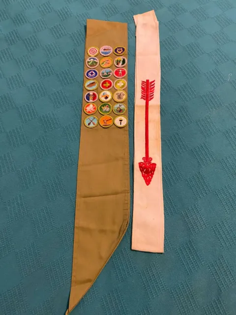 Vintage Boy Scout Sash with 20 Merit Badges with Order of The Arrow