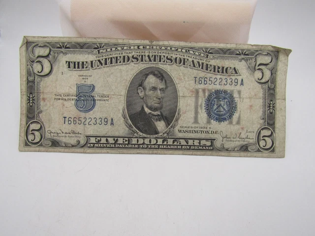 U. S. 5.00 Silver Certificate Note Series 1934 - D  Blue Seal  T66522339A*