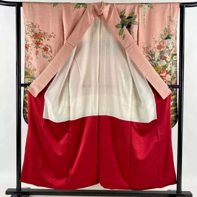 Woman Japanese Kimono Furisode Silk Flower Cart Stream Gold Thread Foil Pink 2