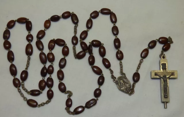 22" Terra Catacomb Hinged Reliquary Cross Brown Seed Bead Rosary Vtg Italy Roma