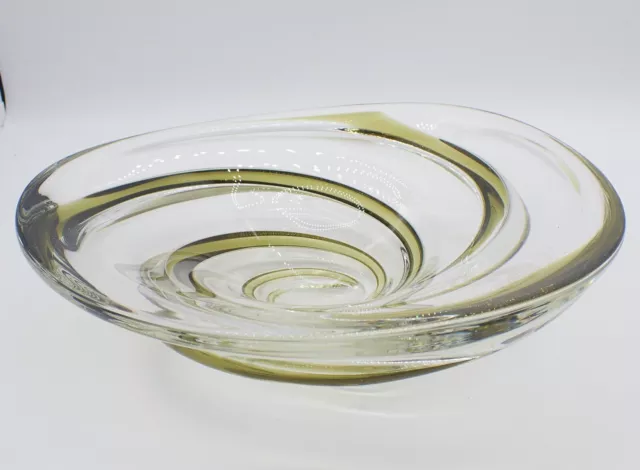 SIGNED CHALET ART GLASS - Olive Green Swirl Bowl - LARGE !