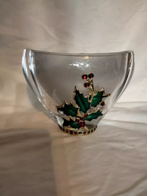 Teleflora Fine Bohemian 24% Lead Crystal Vase Czech Republic Jeweled Holly Leaf