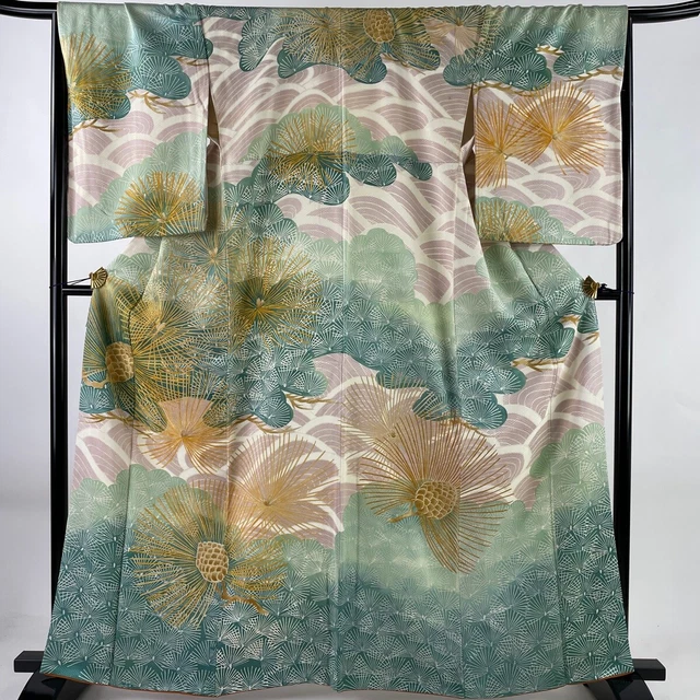 Japanese Kimono Silk Houmongi Vintage Gold Pinecone Leaves Waves Purple 64"