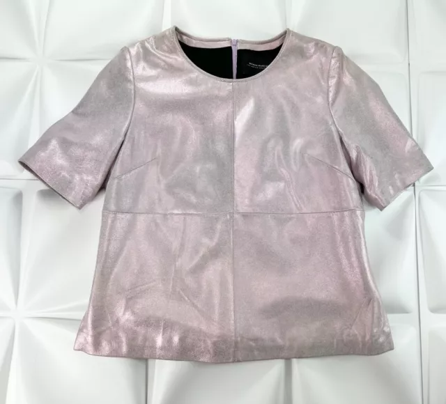 $375 Neiman Marcus Womens Sz L 100% Genuine Leather Blouse Top Lilac Pink