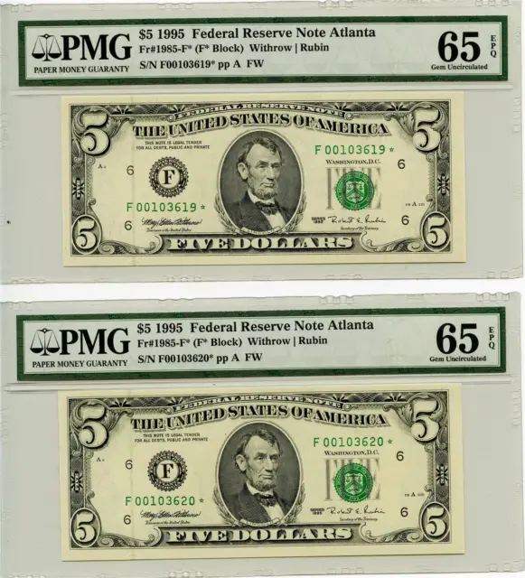 2 Consecutive 1995 $5 FR1985-F* Federal Reserve STAR Notes PMG 65 Gem Unc EPQ
