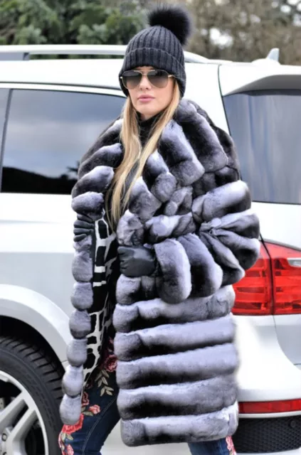 Women Chinchilla Coat Hooded Genuine Real Rex Rabbit Fur Jacket Overcoat Outwear