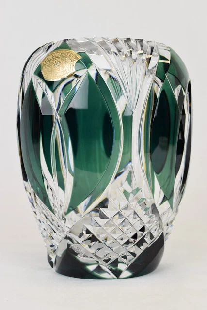 Val Saint Lambert VSL Double Cut Green Crystal Vase Art Deco Belgium Signed