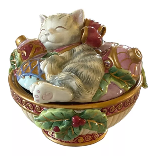 Fitz Floyd Kristmas Kitty Lidded Box Covered Candy Dish Sleeping Cat Christmas