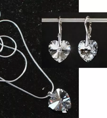 Silber Schmuck-Set mit Swarovski® Kristallen Herz spiegelnd Herzkette Ohrringe