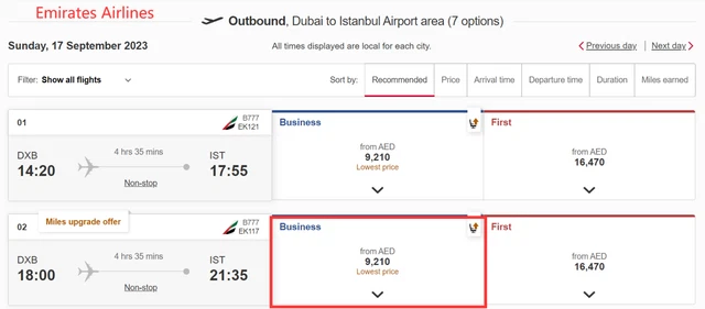 Dubai to Istanbul Emirates Airlines 2023 Sep 17 one way Business Class