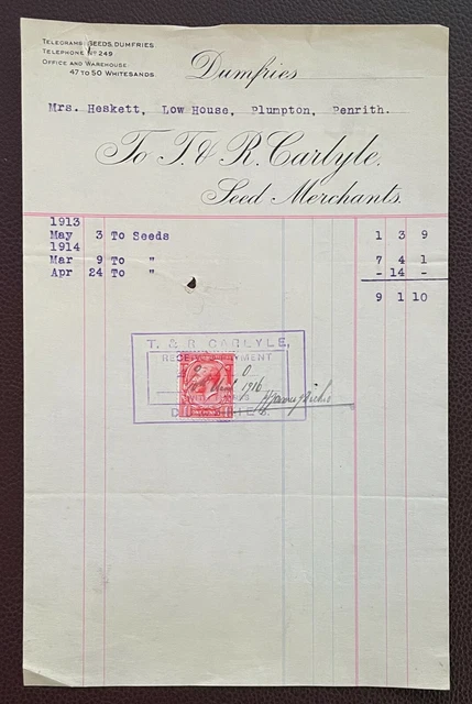 1913 T & R Carlyle, Seed Merchants, Dumfries Invoice to Heskett, Plumpton
