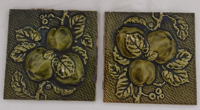 PAIR of FIREPLACE MAJOLICA TILE RELIEF MOULDED with APPLE & LEAF FRUIT DESIGN b