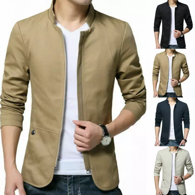 Mens Casual Jacket Business Blazer Coat Formal Button Stand Collar Slim Fit Suit