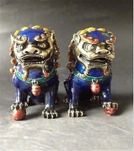 Old Fengshui bronze Cloisonne Guardion Fu Foo Dogs Lion beast statue pair