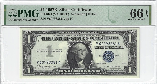 Fr.1621 1957B $1 Silver Certificate Granahan/Dillon VA Block PMG 66EPQ GEM+