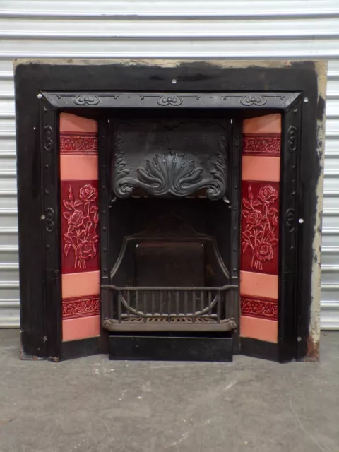 Art Nouveau Cast Iron Fireplace Insert with Burgundy/Pink Tiles, 16c