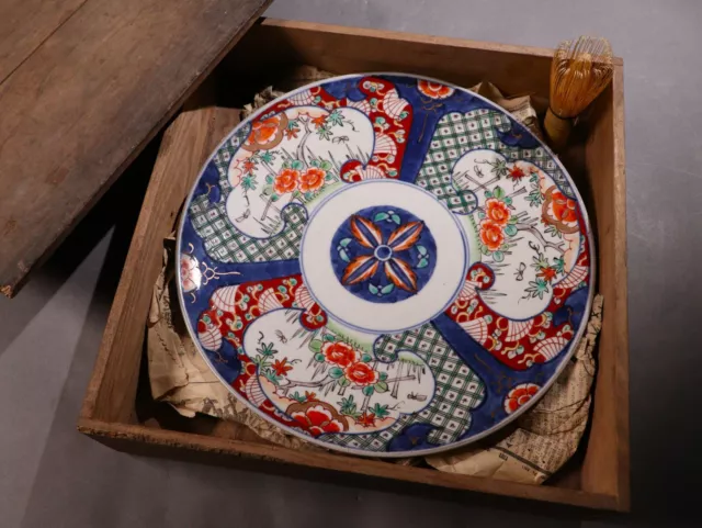 Old Japanese Imari Ware Porcelain Plate Colorful Handmade 12.3inch Meiji Era