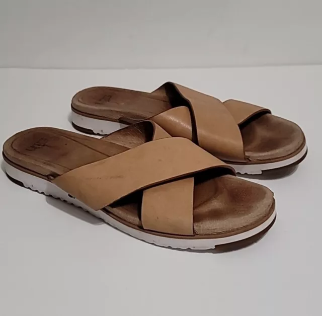 UGG Women's Kari Sandals Size 9.5 Tan Brown Leather Criss-Cross Slides Flats