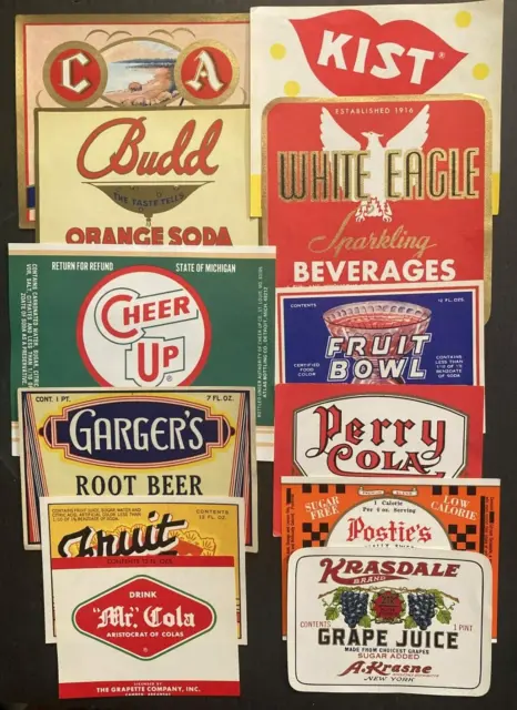 Vintage Lot of 12 Soda/Juice Labels Various Brands, Mr. Cola, White Eagle-NOS S1