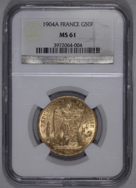 1904 France Gold 50 Francs NGC MS 61 Fifty Francs