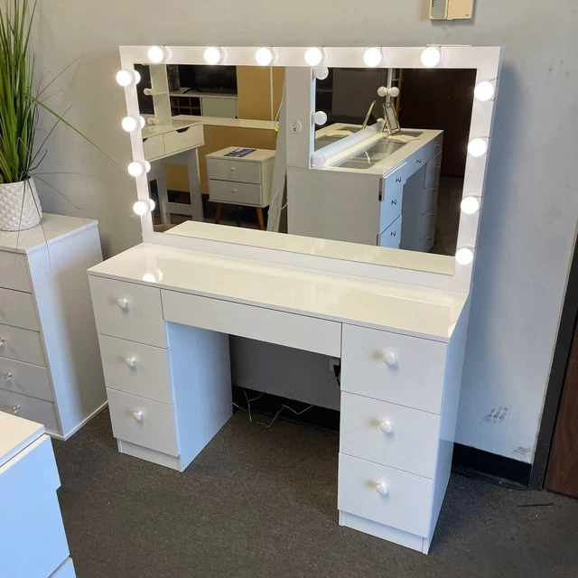MODERN VANITY TABLE with Mirror, Dressing Table Hollywood Light and 7