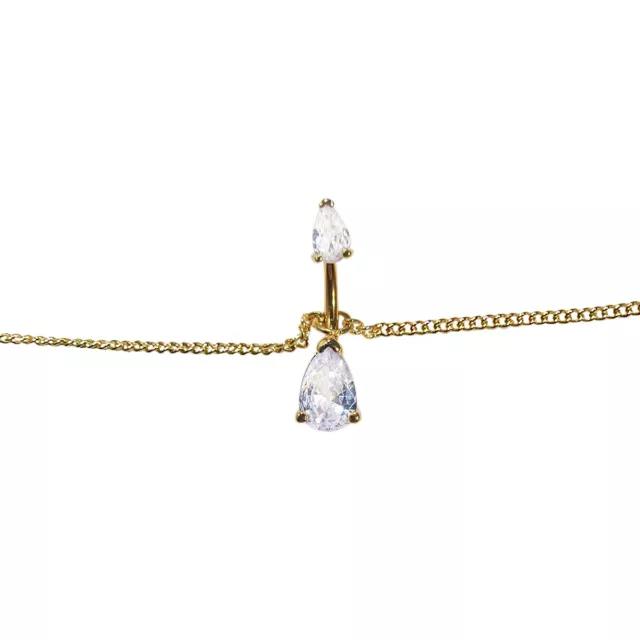 Belly Chain Button  Navel Ring Gold Plated Waist with Double CZ Teardrop 14G