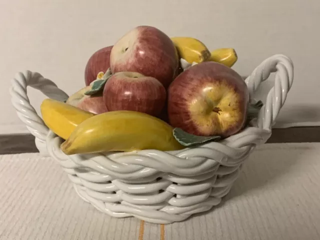 Vintage Italian Style Porcelain Woven Basket Bowl of Fruit Apple Banana