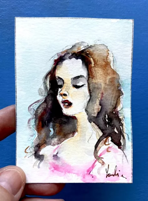 Aceo Card Original Watercolor Portrait of a Young Brunette Woman with Long Hair