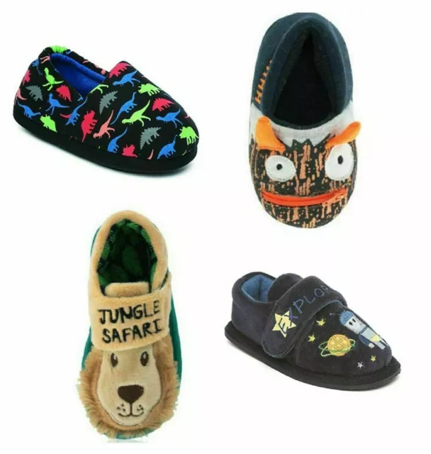 Boys Animal Slippers Size 4 - 12 Dinosaur Monster Lion Space Full Slip On