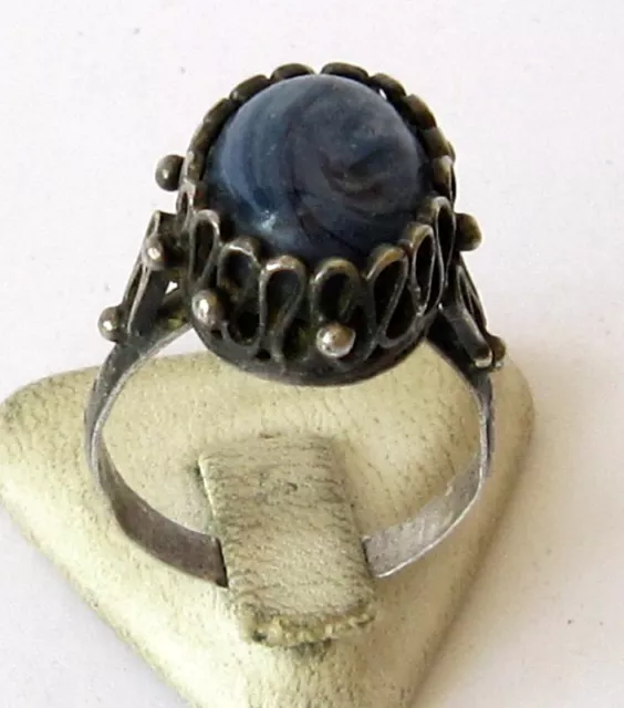 Fantastic Post Medieval Silver Ring With Beautiful Filigree And Gray Stone # 354