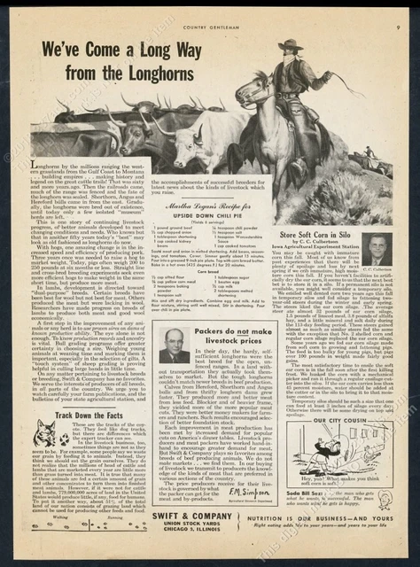 1947 longhorn cattle drive cowboy art Swift meats vintage print ad