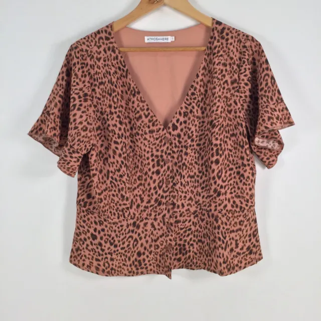 Atmos here womens blouse top size 14 pink leopard print short sleeve Vneck043304