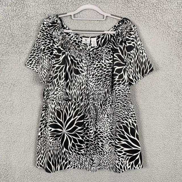 Worthington Top Womens 2X Plus Black White Floral Short Sleeve Smocked Neckline