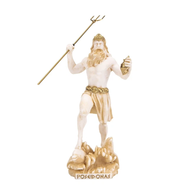 Poséidon Dieu grec de la mer avec statue de trident en albâtre doré 16,5 cm