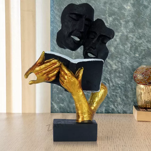 Fabriqué à la Main Résine Livre Lecture Art Moderne Visage Statue Noir & Doré