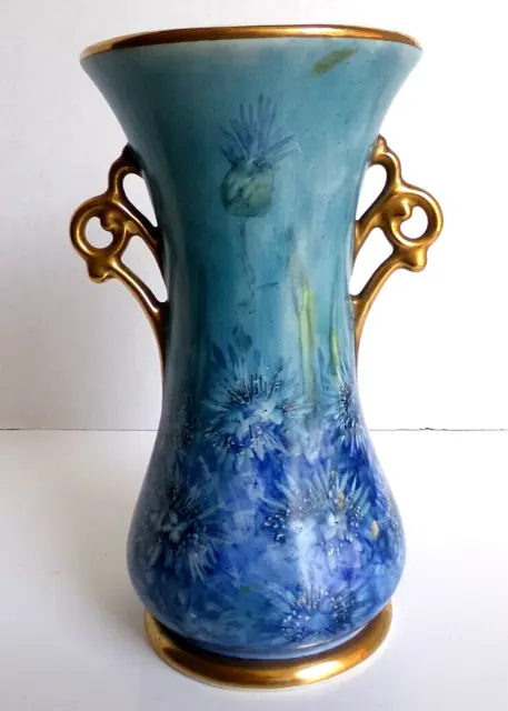 Rare: Vintage Abingdon Hand Painted Pottery Vase Gold Trim USA Signed 8.75" Tall