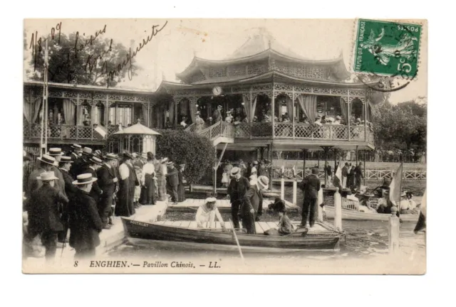 Cpa 95 Enghien-les-Bains 1909. Le Pavillon Chinois. Très animée. Dos divisé, écr