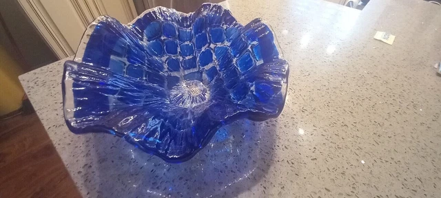 Murano Cobalt Blue Cut to Clear Fazzoletto Art Glass Bowl Scalloped Scales Italy