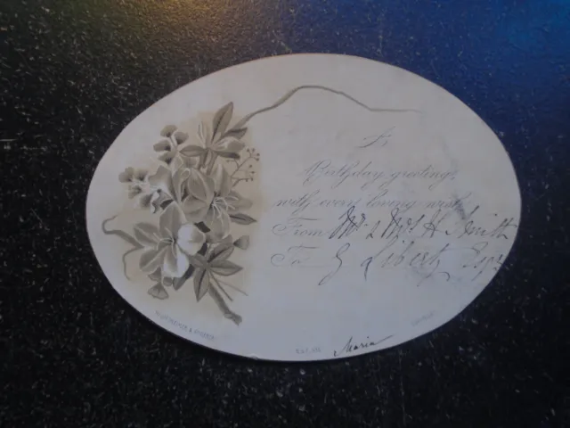 c1890 Antique Greeting Card, Birthday, Flowers, Circular in Shape, Smith