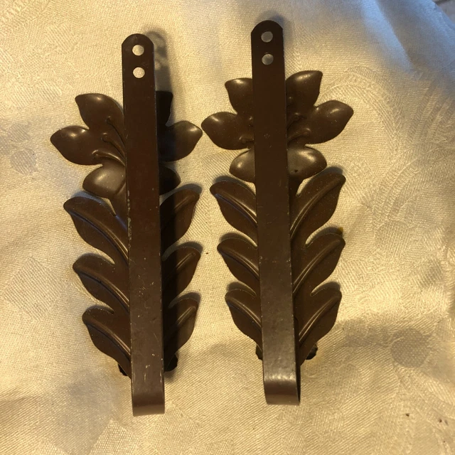 Vintage  Drapery Curtain Pull Back Ties  Embossed Metal Yellow Brown Leaf Floral 10