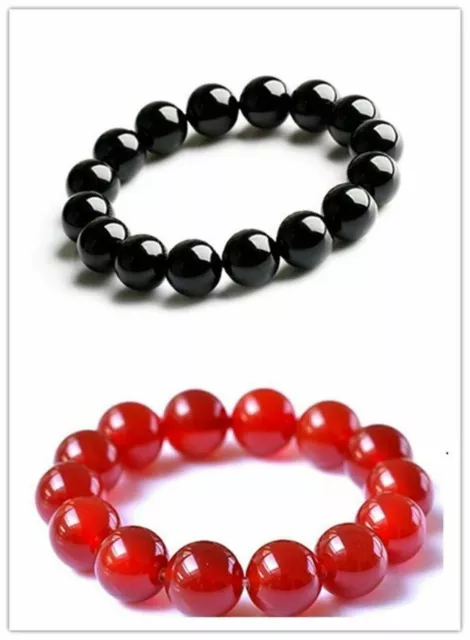 8/10/12/14mm Natural Red Jade Black Agate Round Gemstone Bangle Bracelets 7.5''
