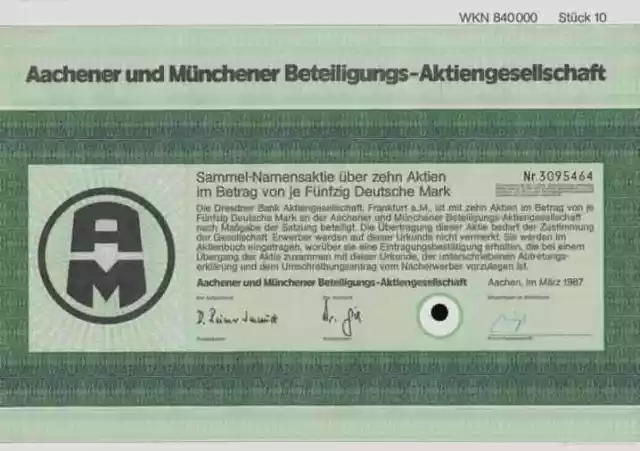 Aachener Münchener Versicherung AMB Generali Allianz März 1987 Cosmos 500 DM RAR