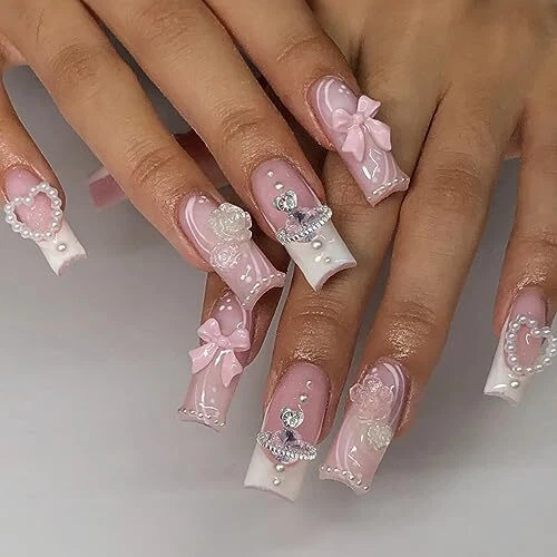 24 Pcs Long Square Press on Nails French Tip Fake Nails Full Cover 3D style2
