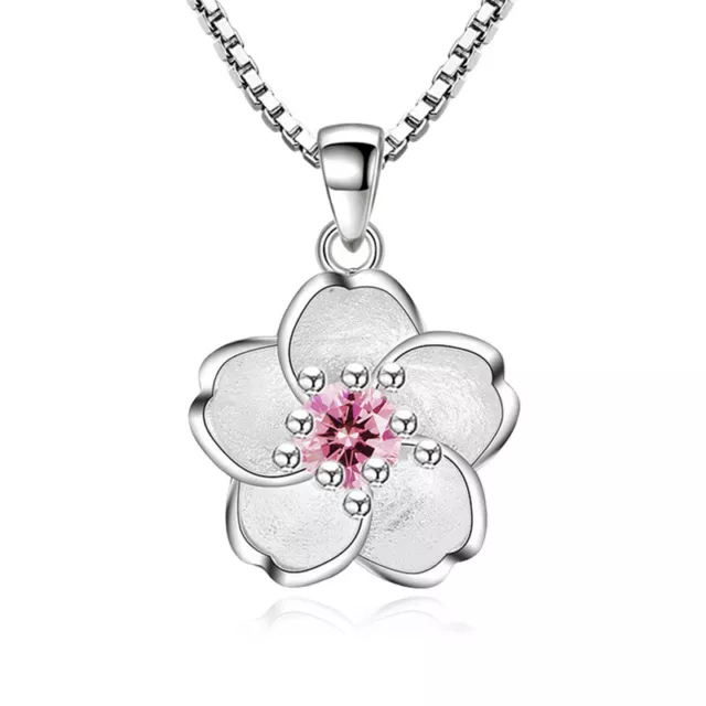 women 925 Sterling Silver Pink Purple Crystal Flower Pendant Necklace Chain Gift