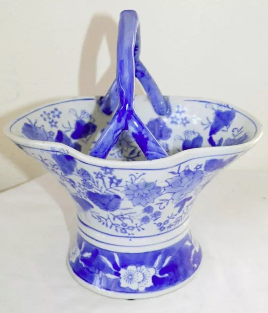 Chinese Cobalt Blue White Porcelain Handled Basket Hand Painted Lotus Flowers