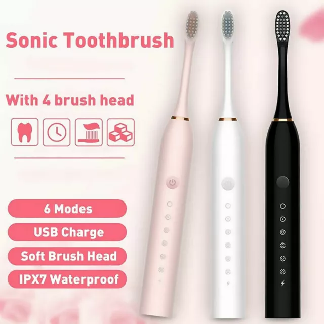 Rechargeable Sonic Electric Toothbrush with 6 Modes Brush 4 Heads USB