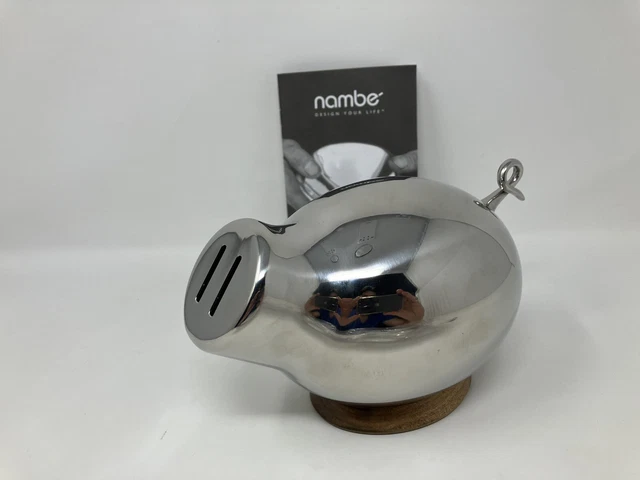 Nambe Kibo Stainless Steel Piggy Bank with Acacia Wood Base, 8 Inch - Silver